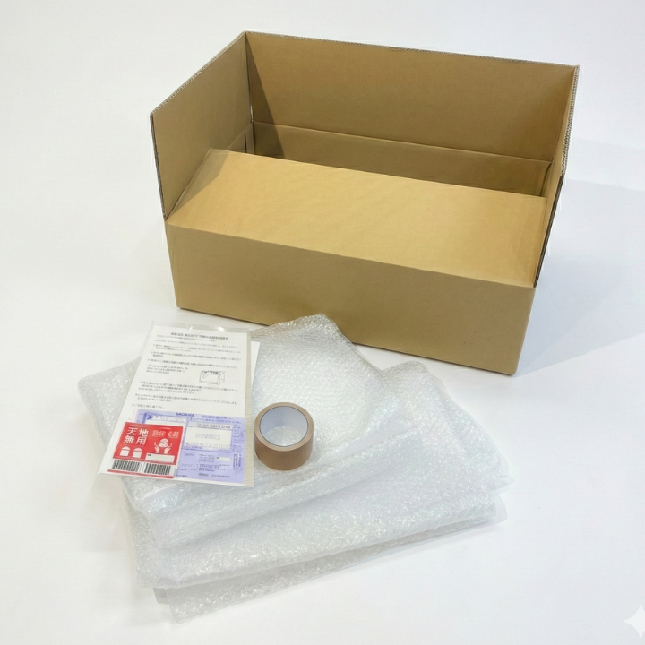 あんしん梱包キットの内容：専用ダンボール、緩衝材、ガムテープ、手順書、佐川急便元払伝票、注意シール